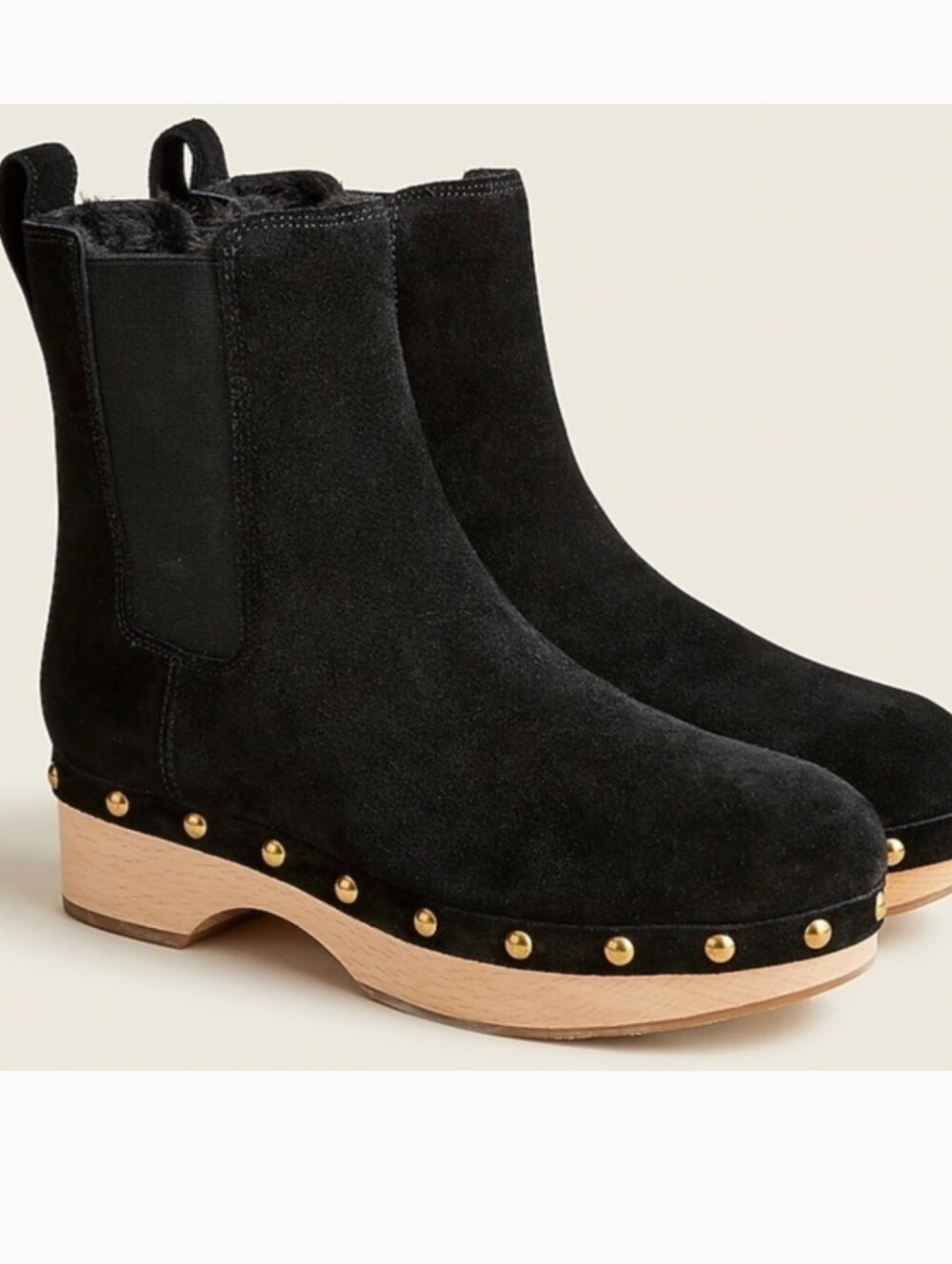 J. Crew Black Suede  Leather Shearling  Lined  Studded Clog Ankle Boots